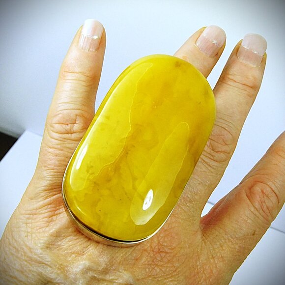 Handmade Jewelry - Massive Butterscotch Amber 925 Silver Adjustable Ring - Collectible Jewelry